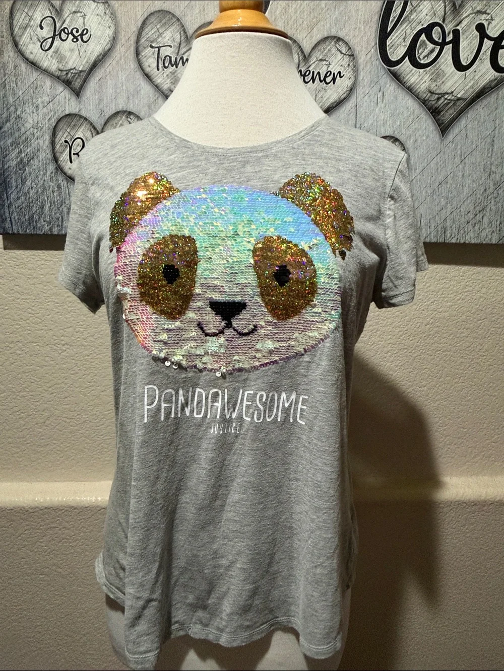 Justice Gray Tee with Multicolor Sequin Panda